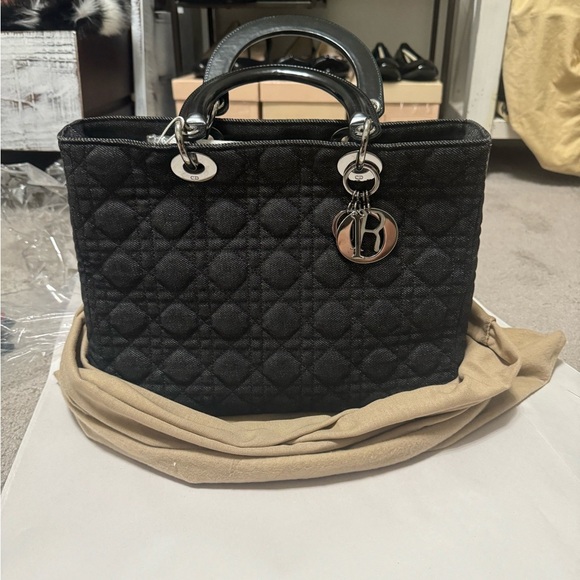 Lady Dior Denim Cannage Quilted Top Handle Bag Denim - Large Size - Picture 1 of 10